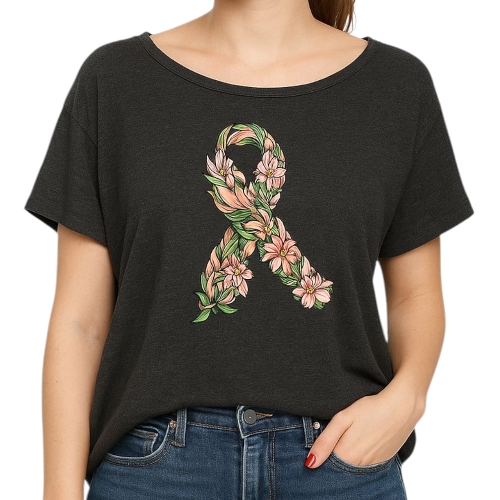 PROJECT X T Shirt Breast Cancer Floral Ribbon Graphic Grey Scoop Neck Women's XL